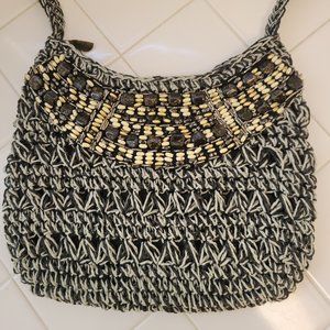 SUN N SAND Gray and Black Wicker Beaded Embellishments Crossbody Shoulder Bag